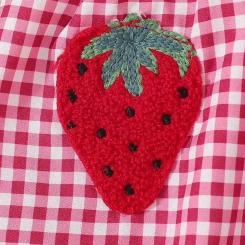 Gingham Embroidered Strawberry Sun Dress with Bows